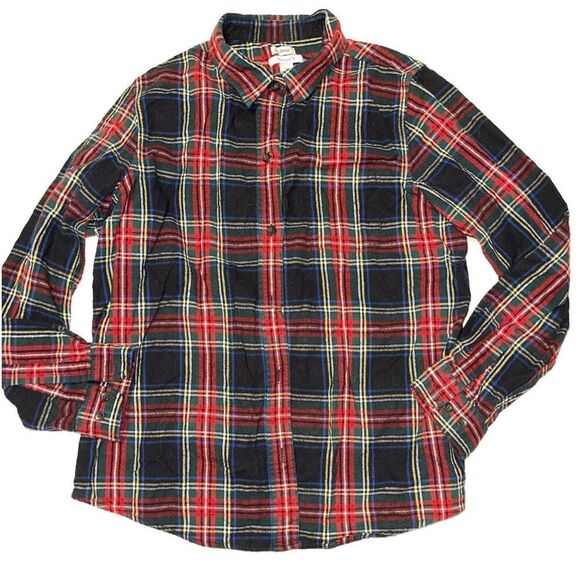 LL Bean Flannel Button Up Shirt Womens Large‎ L Relaxed Fit Plaid Blue Green Red - Picture 1 of 6